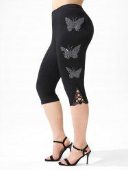 Plus Size & Curve Butterfly Pattern Rhinestone Capri Leggings -  