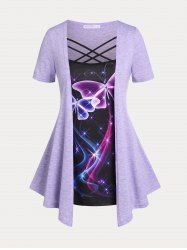T-shirt à Imprimé Papillon Croisé Courbe de Grande Taille 2 en 1 - Violet clair L | US 12