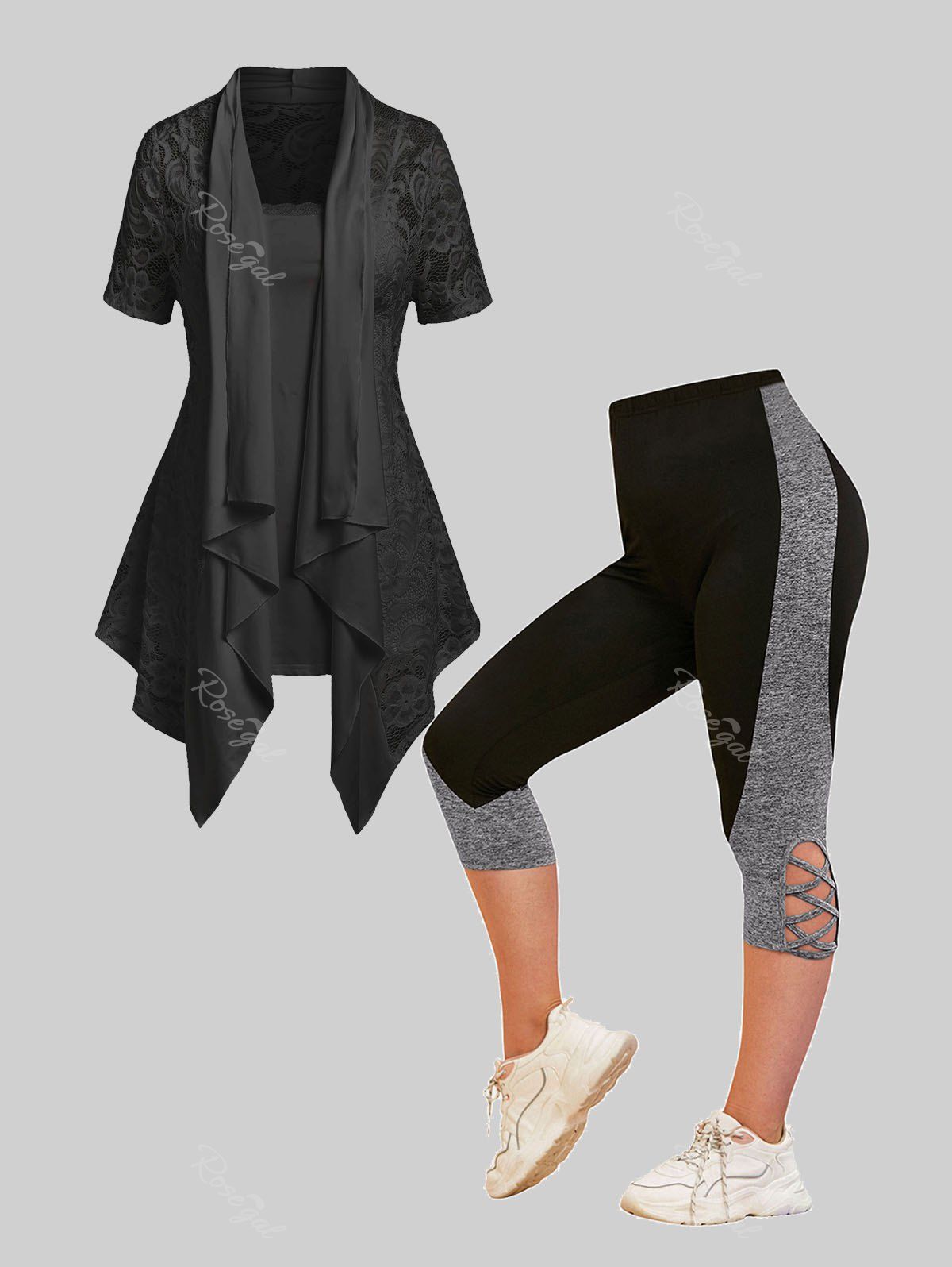 Hot Asymmetric Lace Draped Cardigan Set and Leggings Plus Size Summer Outfit  