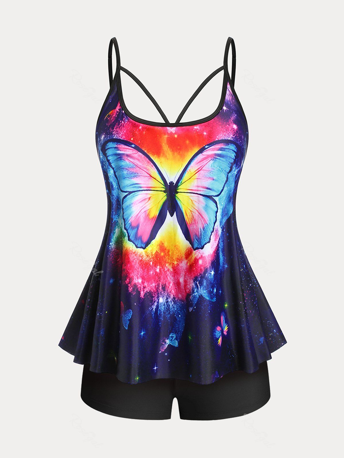 New Plus Size & Curve Butterfly Galaxy Print High Waist Boyleg Tankini Swimsuit  
