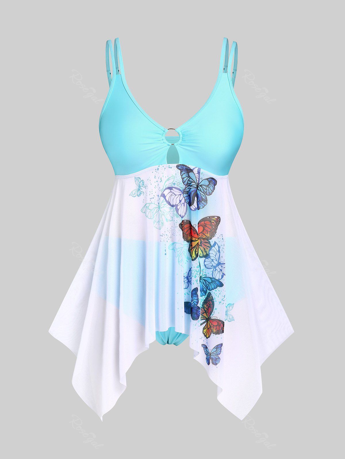Latest Plus Size & Curve Handkerchief Butterfly Print Sheer Mesh Tankini Swimsuit  