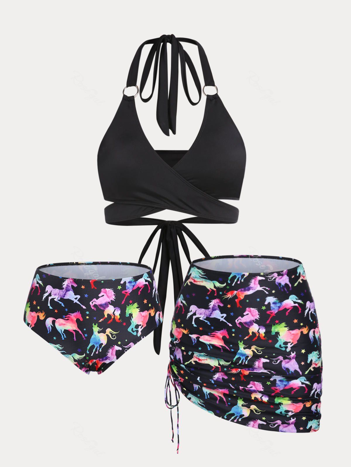 Discount Plus Size & Curve Halter Horse Print Crossover Three Piece Bikini Swimsuit  