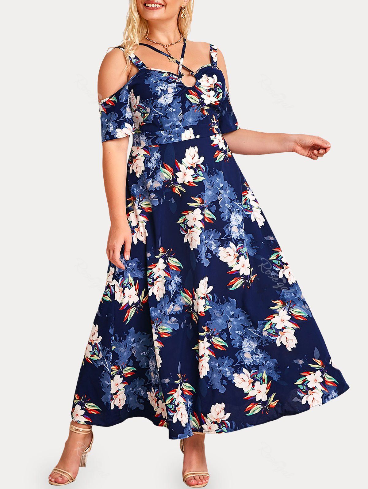 New Plus Size & Curve Cold Shoulder O Ring Floral Print Maxi Dress  