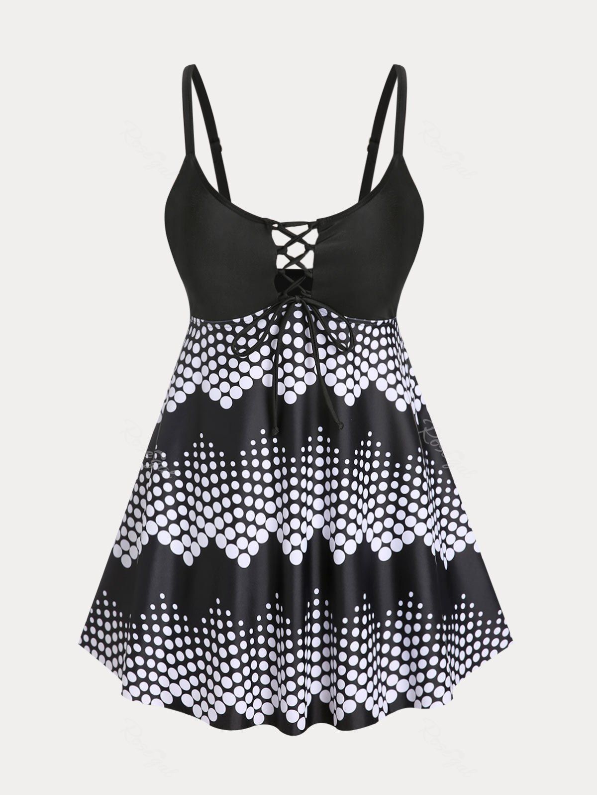 Sale Plus Size & Curve Polka Dot Lace Up High Waist Modest Tankini Swimsuit  