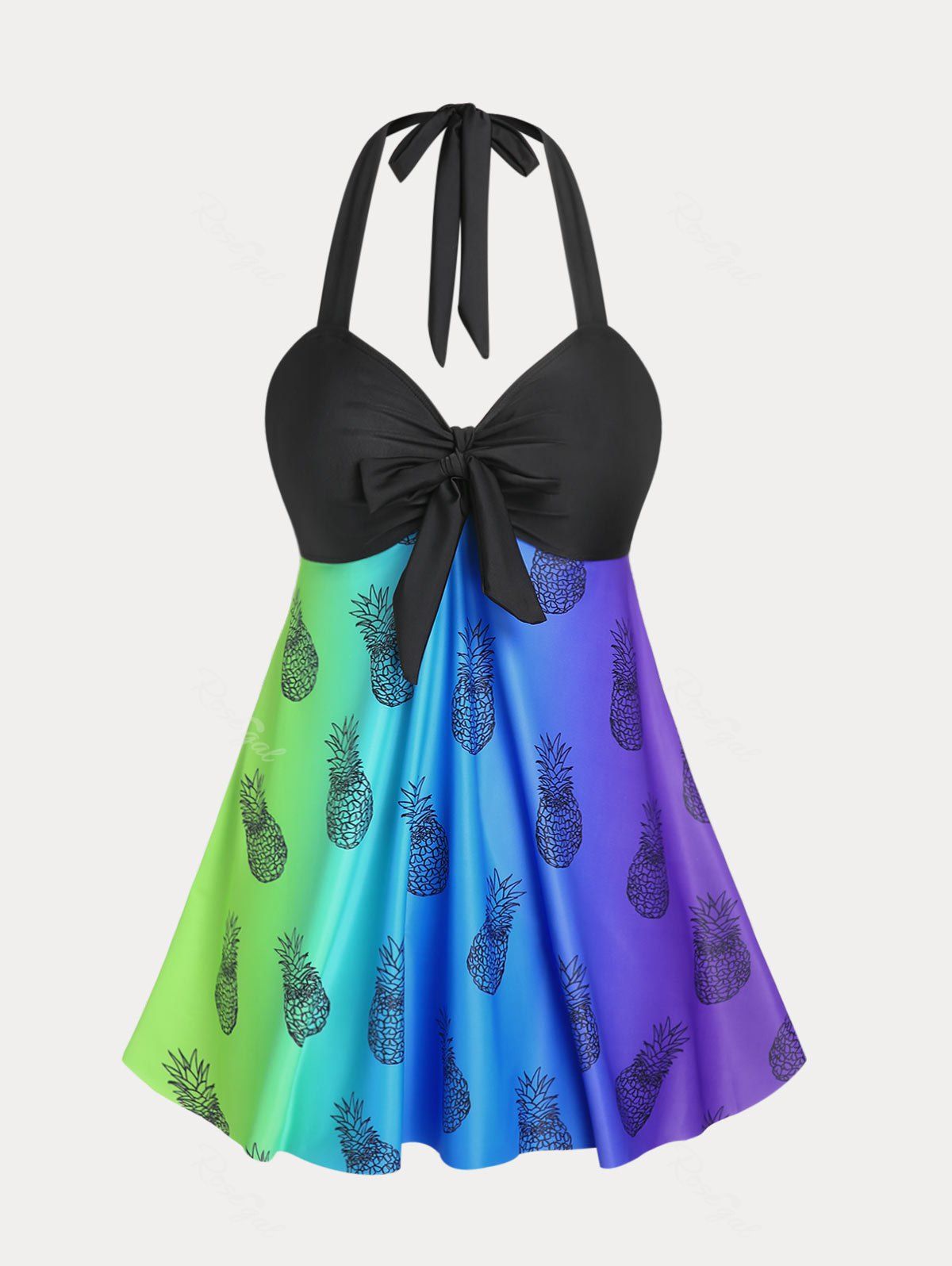 Chic Plus Size & Curve Halter Pineapple Ombre Bowkont Swimdress Set Swimsuit  
