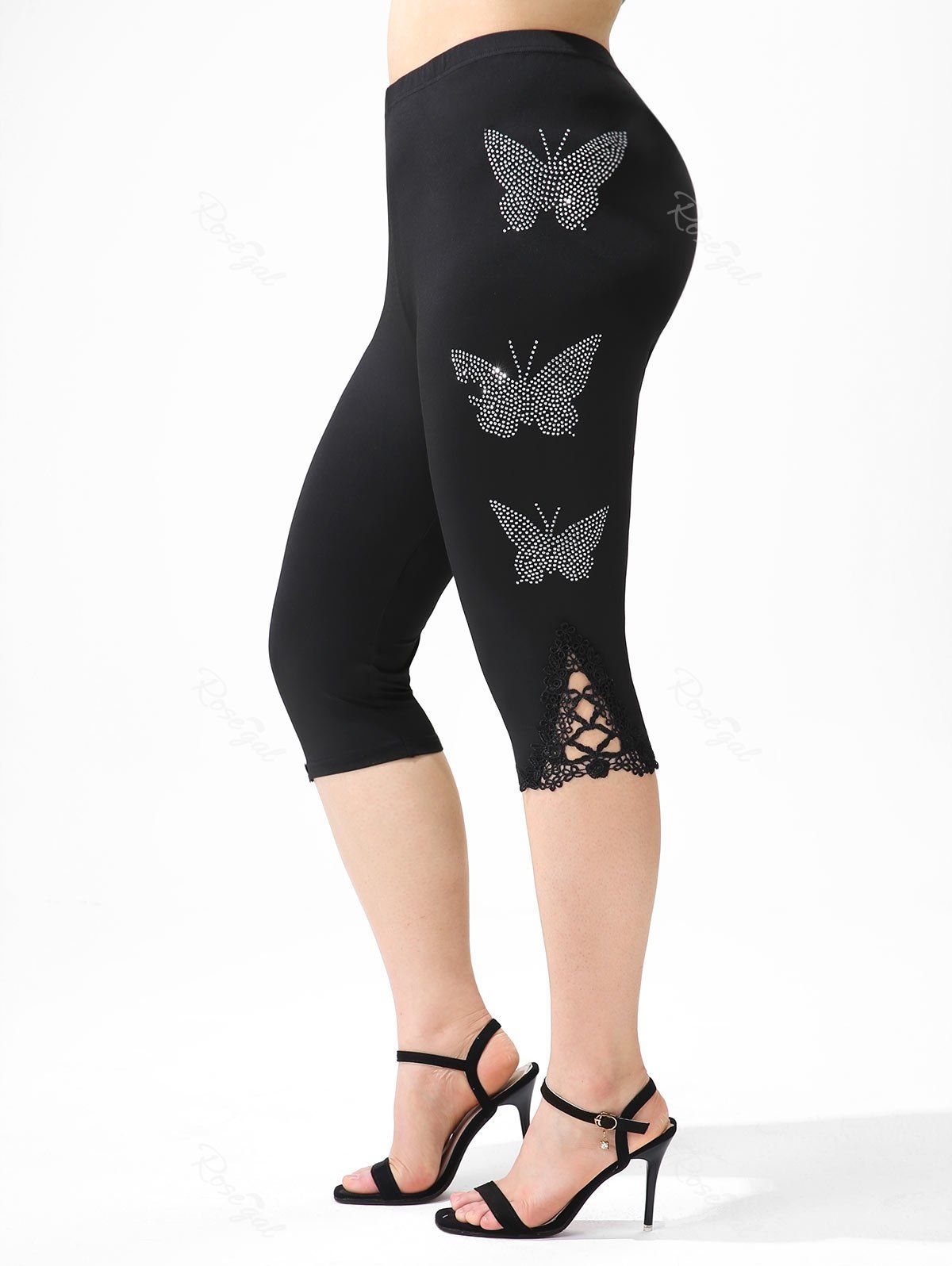Fashion Plus Size & Curve Butterfly Pattern Rhinestone Capri Leggings  