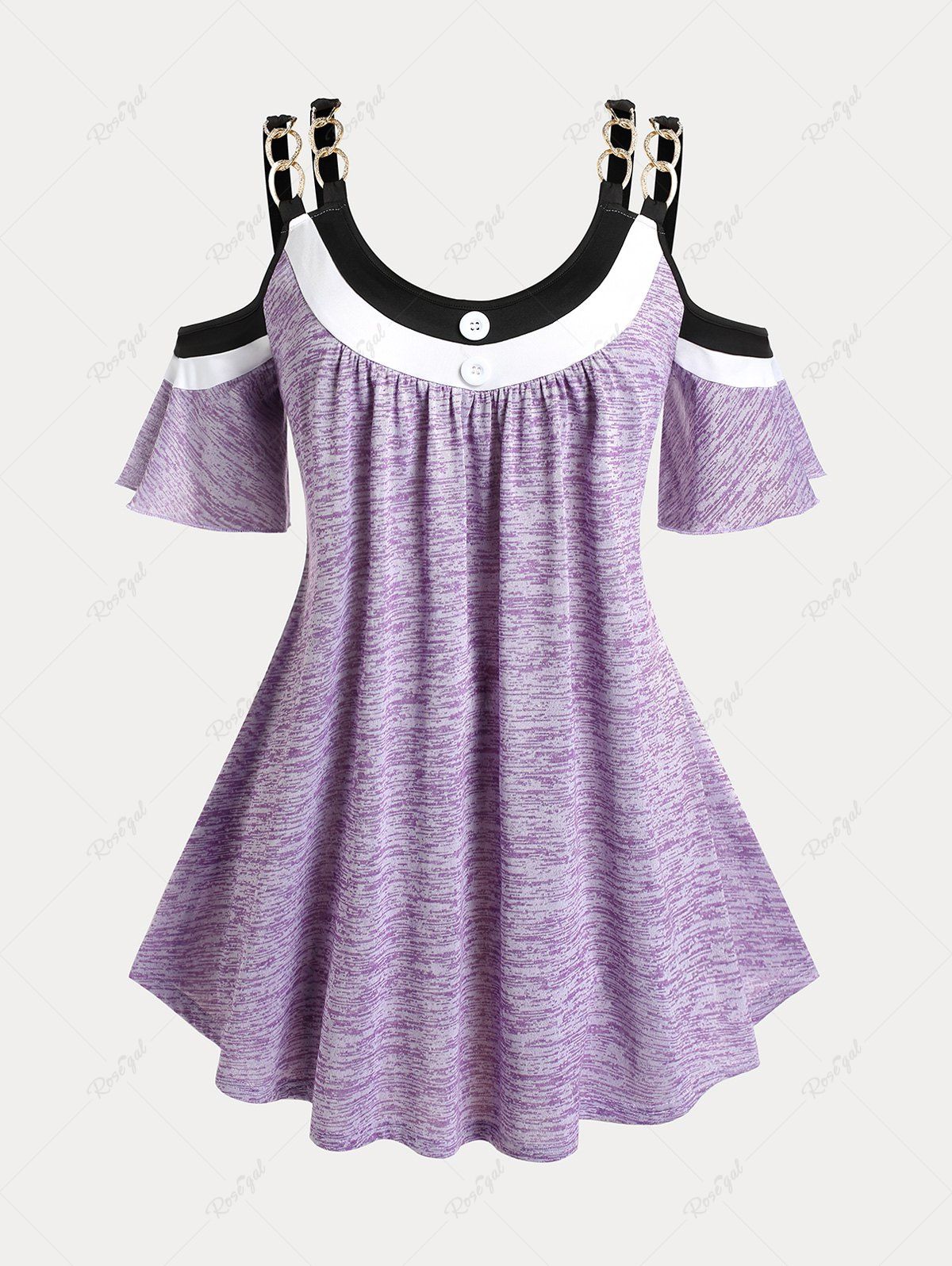 T-shirt Chiné Courbe Chaîne à Epaule Dénudée de Grande Taille Violet clair 