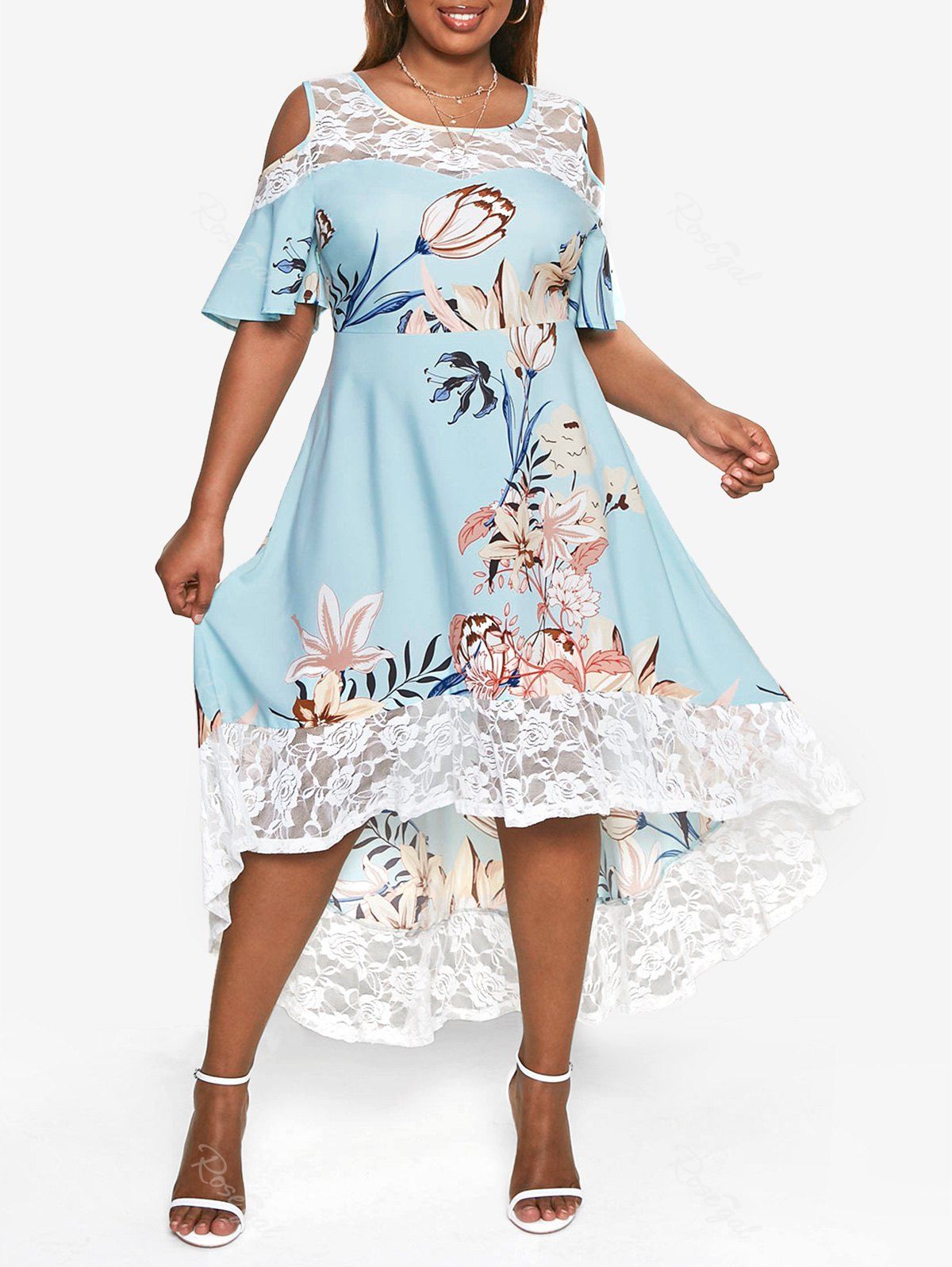 Shop Plus Size Floral Cold Shoulder Lace High Low Midi Dress  