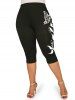 Plus Size & Curve High Waist Monochrome Butterfly Rose Print Capri Leggings -  