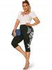 Plus Size & Curve High Waist Monochrome Butterfly Rose Print Capri Leggings -  
