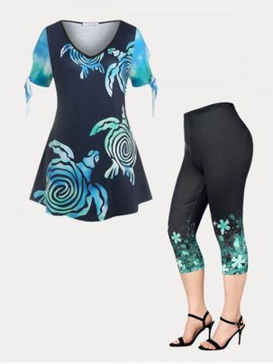 Tie Sleeve Tortoise Print Tee and High Waist Floral Capri Leggings Plus Size Summer Outfit
