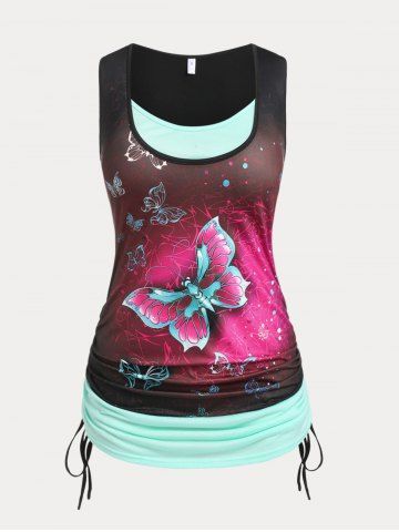 Plus Size & Curve Butterfly Print Cinched 2 in 1 Tank Top - BLACK - M | US 10