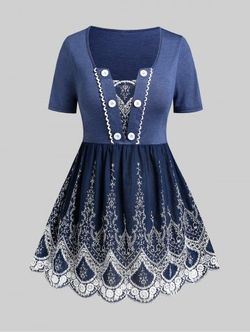 Plus Size & Curve Embroidered High Waist Skirted Tee - DEEP BLUE - 5X