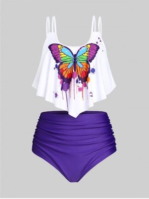 Plus Size & Curve Butterfly Print High Waist Ruched Tankini Swimsuit