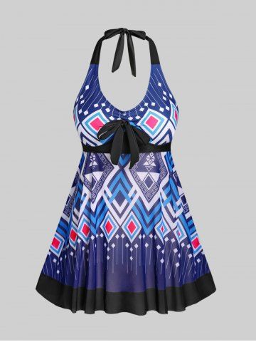 Plus Size Geometric Backless Halter Padded Swimdress and Briefs Swimsuit
