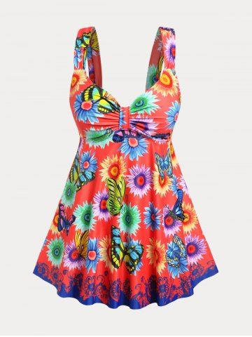 Plus Size & Curve Sunflower Butterfly Print High Waist Tankini Swimsuit - RED - 1X