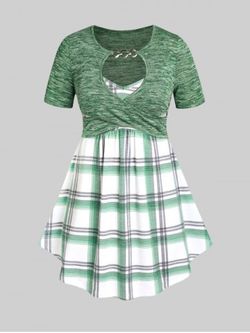 Plus Size & Curve Keyhole Plaid Crossover 2 in 1 Tee - GREEN - L | US 12
