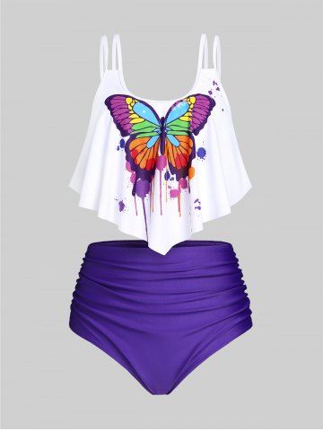 Plus Size & Curve Butterfly Print High Waist Ruched Tankini Swimsuit - WHITE - 5X