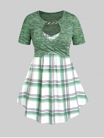 Plus Size & Curve Keyhole Plaid Crossover 2 in 1 Tee - GREEN - M | US 10