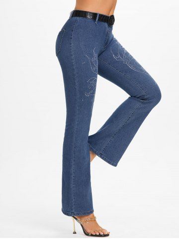 High Rise Rhinestone Bell Jeans - BLUE - M