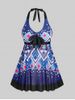 Plus Size Geometric Backless Halter Padded Swimdress and Briefs Swimsuit -  