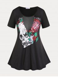 T-shirt Courbe à Rose et Crâne Panneau en Maille Grande Taille - Noir 3x | US 22-24