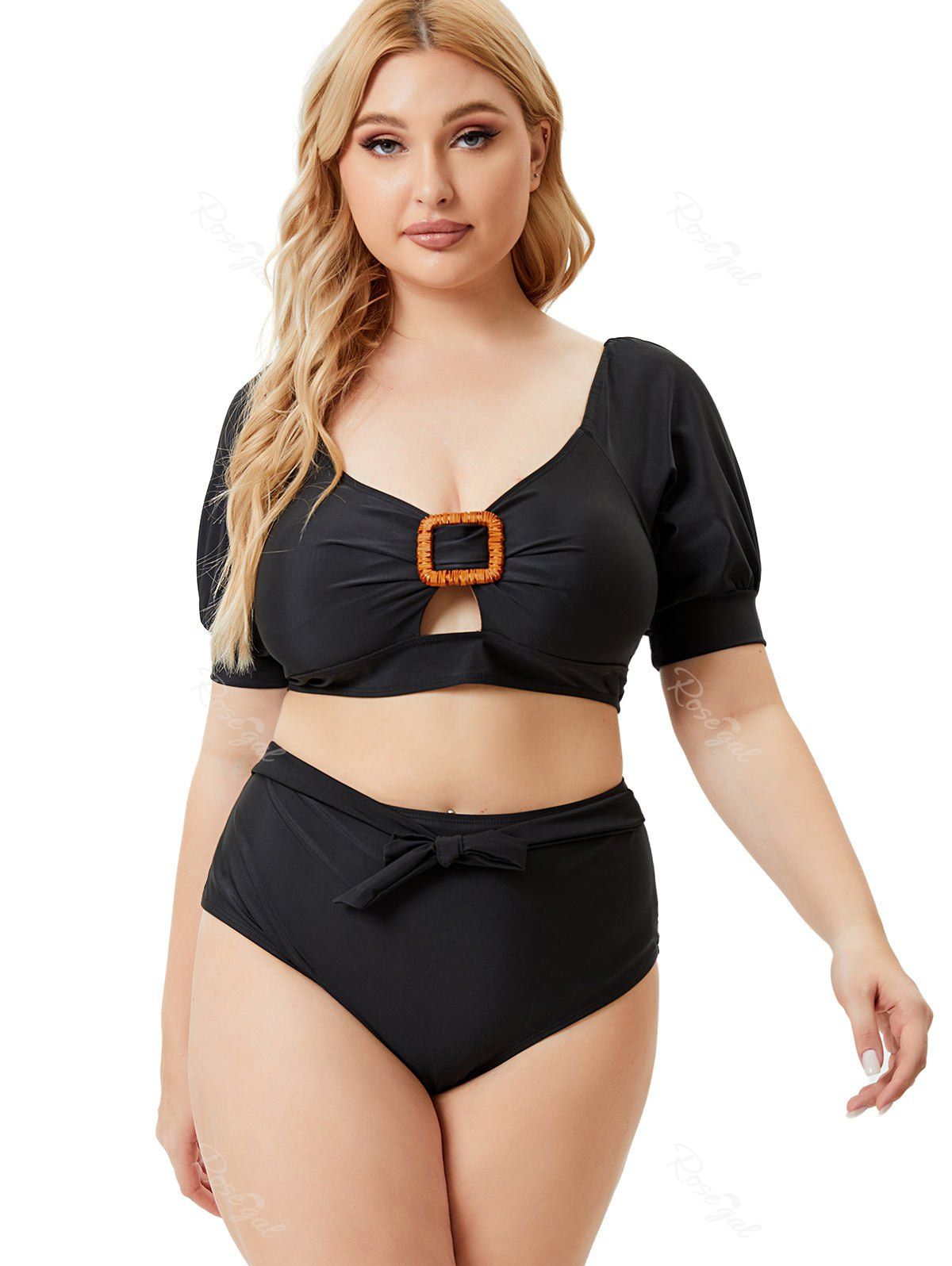 Affordable Plus Size & Curve Cutout Tie Short Sleeves Top and Briefs Longline Bikini Swimsuit  