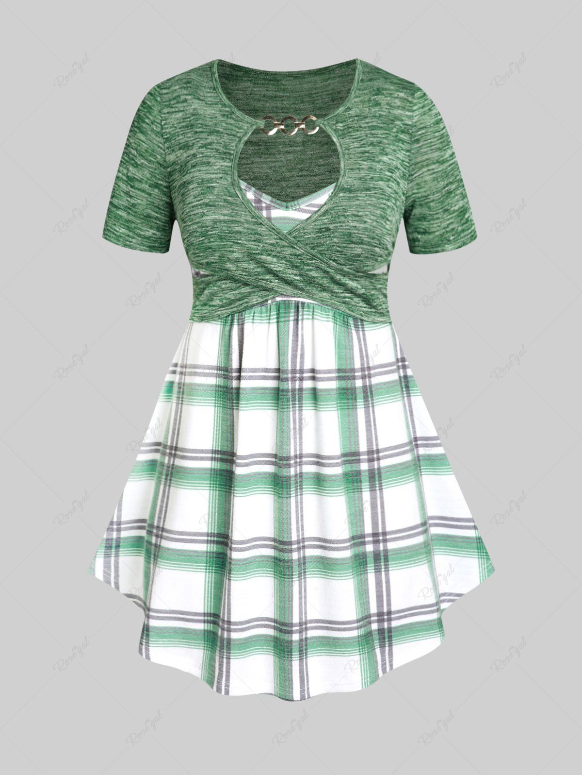 Sale Plus Size & Curve Keyhole Plaid Crossover 2 in 1 Tee  