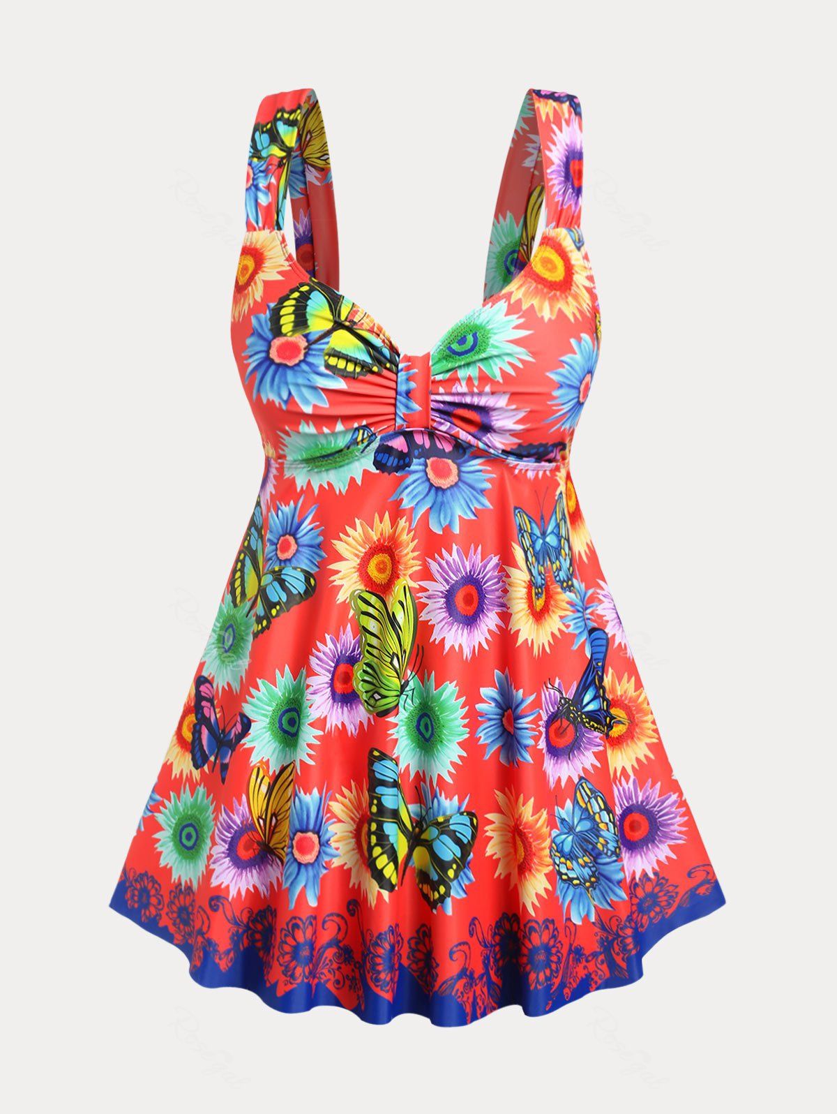 Trendy Plus Size & Curve Sunflower Butterfly Print High Waist Tankini Swimsuit  