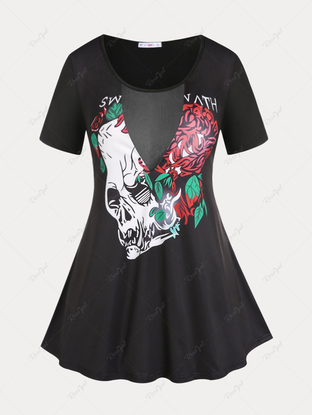 Hot Plus Size & Curve Mesh Panel Gothic Skulls Rose Graphic T Shirt  