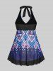 Plus Size Geometric Backless Halter Padded Swimdress and Briefs Swimsuit -  