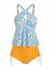 Daisy Flower Keyhole Criss Cross Cinched Peplum Tankini Swimwear -  