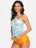 Daisy Flower Keyhole Criss Cross Cinched Peplum Tankini Swimwear -  