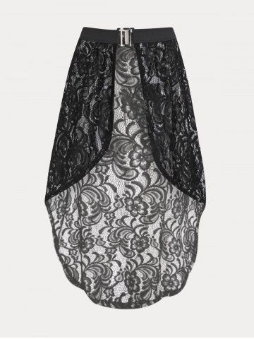 Robe Couverture Courbe Haute Basse Brillante en Dentelle Transparente de Grande Taille - BLACK - L | US 12