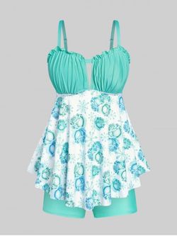Plus Size & Curve Ruched Rose Print Cutout High Waist Boyleg Tankini Swimsuit - LIGHT GREEN - 2X
