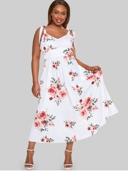 Plus Size & Curve Flower Print Empire Waist Cottagecore Dress - WHITE - L