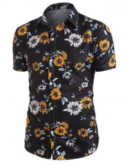 Floral Printed Casual Short Sleeve Shirt - BLACK - S