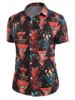 Short Sleeve Geometric Pattern Shirt - BLACK - XXL