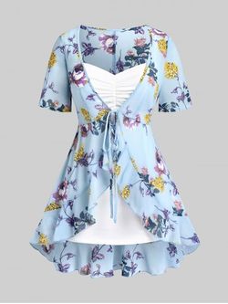 Plus Size & Curve Floral Tie Blouse and Camisole Set - LIGHT BLUE - 4X | US 26-28