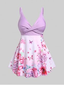 Plus Size & Curve Butterfly Floral Backless Padded Swimdress Suit - LIGHT PURPLE - 2X