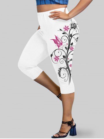 Plus Size & Curve High Waist Floral Print Capri Leggings - WHITE - 1X | US 14-16