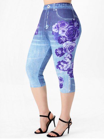 High Waisted 3D Rose Plus Size Leggings - BLUE - 4X | US 26-28