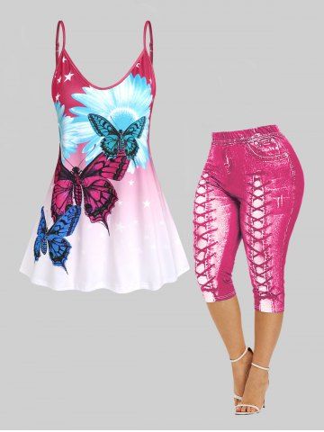 Butterfly Floral Ombre Tank Top and Capri Leggings Plus Size Bundle - DEEP RED