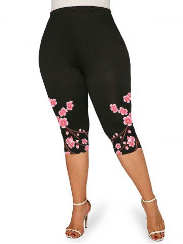 Plus Size & Curve High Waist Floral Print Capri Leggings