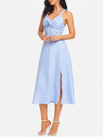 Plaid Print Sleeveless Twisted Front Dress - LIGHT BLUE - XXXL