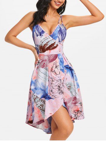 Leaves Flowers Print Surplice High Low Dress - LIGHT PINK - XXXL