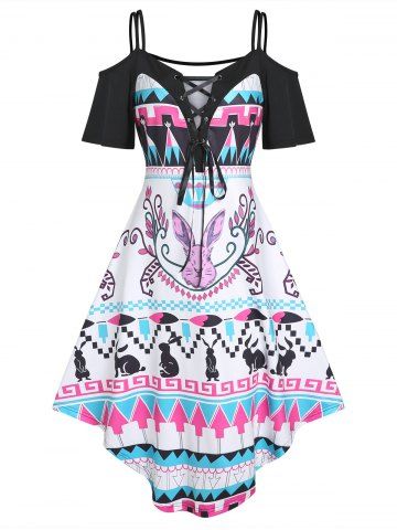 Rabbit Geometric Print Cold Shoulder Dress - LIGHT PURPLE - M