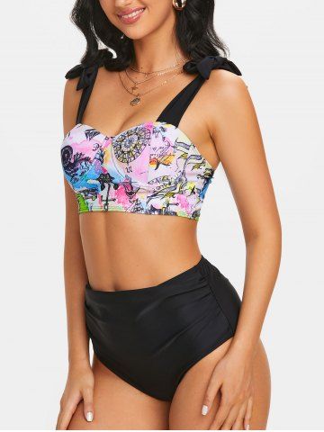 Painting Print Bowknot Padded Tankini Swimsuit - MULTI - S