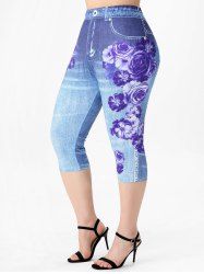 Legging 3D Rose à Taille Haute de Grande Taille - Bleu L | US 12