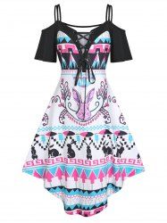 Rabbit Geometric Print Cold Shoulder Dress -  